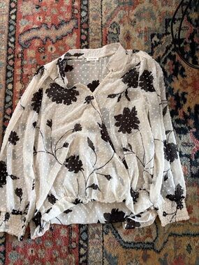 Olivia Grey White Swiss-Dot Blouse with Black Floral Print